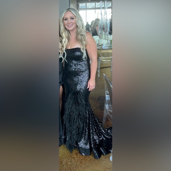 Black sequence and feather detailed Sherri Hill gown. - Picture 1 of 4